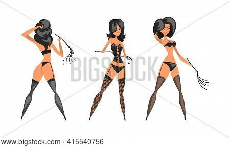 Dominatrix Woman In Black Costume With Leather Whip Set Vector Illustration