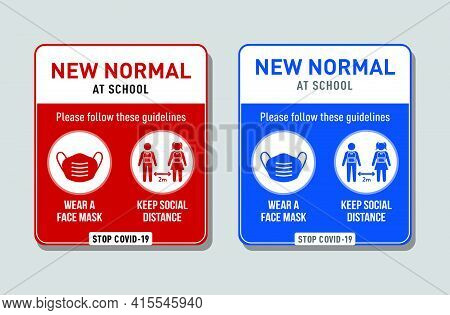 Please Wear Face Mask And Keep Social Distance. Notice Board. Wall Warning Sign For Public Place. Co
