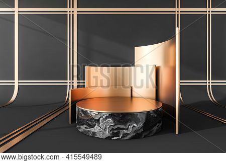 Black And Golden Platform Stand With Black Marble Bottom. Luxury Gold Mockup Stand For Product Displ