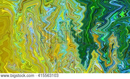 Abstract Yellow, Blue And Green Fluid Texture. Swirling Paint Effect Background. Color Gradient. Des