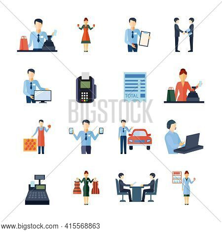 Salesman Shopman Realtor And Other Sellers Figures Icons Set Flat Isolated Vector Illustration