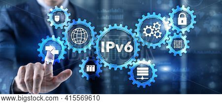 Ipv6. Businessman Pressing Touch Screen Interface And Select Icon Internet Protocol