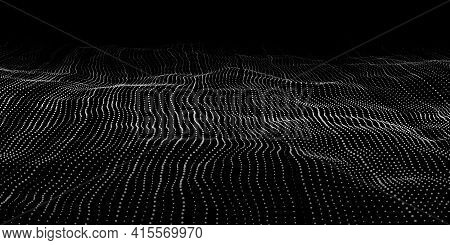 Wave 3D. Wave Of Particles. Dynamic Wave On Black Background. Futuristic Point Wave. Design For Post