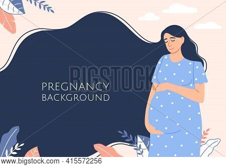 Pregnant Woman With Long Dark Hair Background. Flat Happy Smiling Young Mother Expecting A Baby. Pre