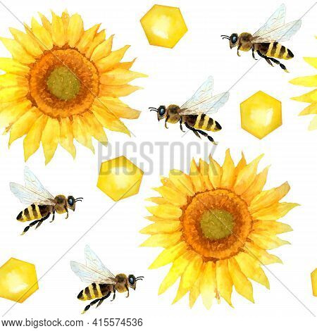 Watercolor Seamless Hand Drawn Pattern With Bumble Bees, Nature Natural Insects, Summer Vibes Modern