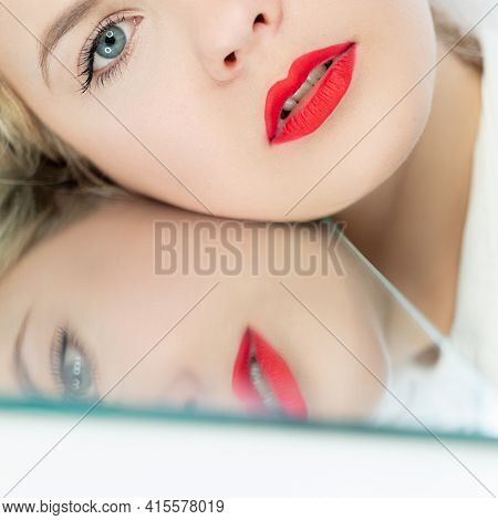 Beauty Portrait. Plastic Surgery. Anti-aging Procedure. Facial Rejuvenation. Blonde Woman With Red L