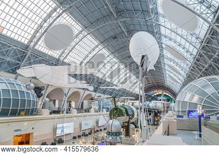 Moscow, Russia - November 28, 2018: Space museum. Inside The Cosmonautics and Aviation Centre in the Cosmos pavilion of VDNH. Aircraft exhibition. Rocket science.