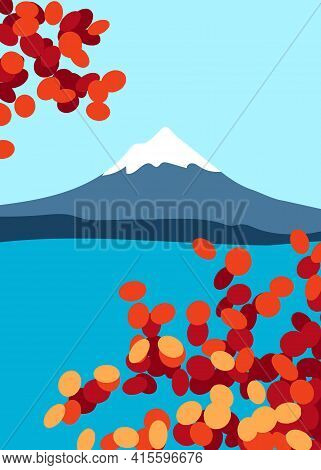 Autumn Landscape With Snowy Mountain Peak, Lake And Foliage Frame. Blue Water, Sky And Color Of Autu