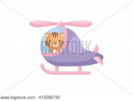 Cute Little Tiger Pilot In Violet Helicopter. Cartoon Character For Childrens Book, Album, Baby Show