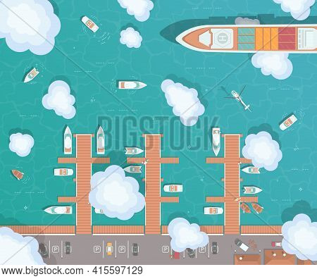Illustration Of A Pier In Flat Style. Top View Of The Harbor. Wooden Piers With Boats. Container Shi