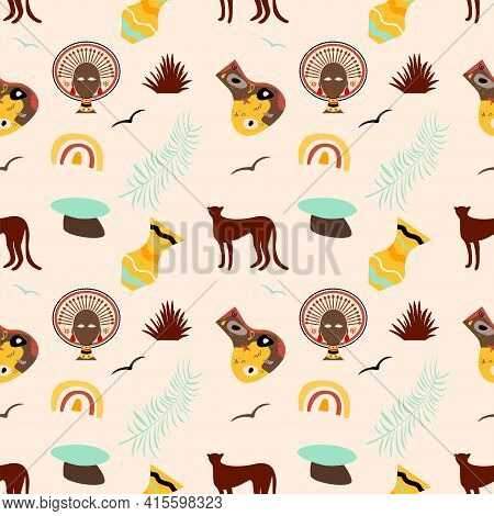 African National Ethnic Symbol Seamless Pattern Background. Afro Symbol Seamles Print For Fabric, Wa