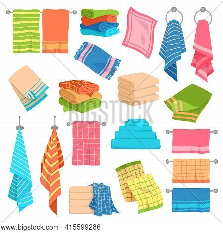 Towel Cartoon Set. Beach, Kitchen And Bath Hanging And Stacked Towels Collection. Cotton Napkin And 