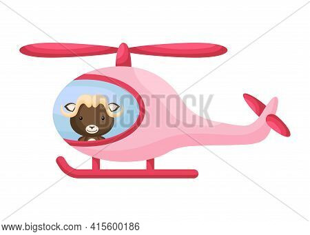 Cute Little Musk-ox Pilot In Pink Helicopter. Cartoon Character For Childrens Book, Album, Baby Show