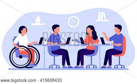 Employee People With Disabilities And Inclusion Work Together In Office. Disabled Different People O