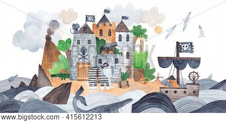 A pirate fortress on a tropical island. Treasure Island. Pirate ship, island and fortress. Watercolor card.