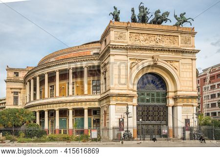 Palermo, Italy - March 9, 2020: Neoclassical Palermo Politeama Theatre or Teatro Politeama Garibaldi at Piazza Ruggero Settimo square in Sicily, Italy