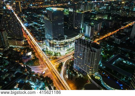 Bangkok Business District City Center Above Samyan Intersection And Traffic, With Buildings And Skys