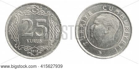 Turkey Twenty Five Kurus Coin On A White Isolated Background