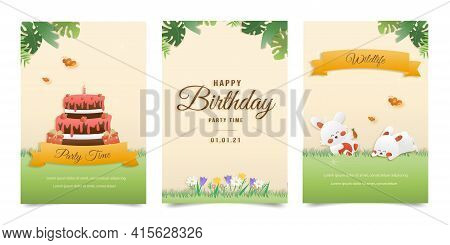 Set Banner Invitation Birthday Cute Greeting Card. Jungle Animals Celebrate Children's Birthday And 