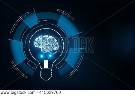 Hologram Brain Inside A Lightbulb Encircled In Rectangles, Artificial Intellingence And Idea Concept