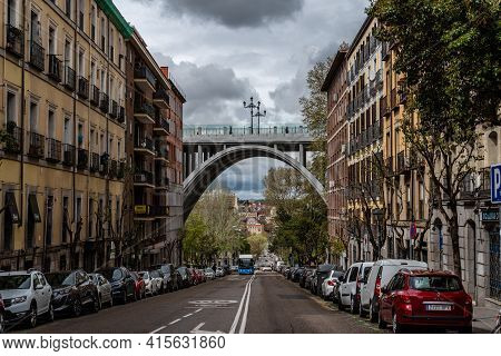 Madrid, Spain - April, 2, 2021: Scenic View Of Segovia Viaduct In Central Madrid A Cloudy Day During