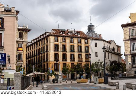 Madrid, Spain - April, 2, 2021: Plaza Of Ramales In Historic Centre Of Madrid During Pandemic Of Cov