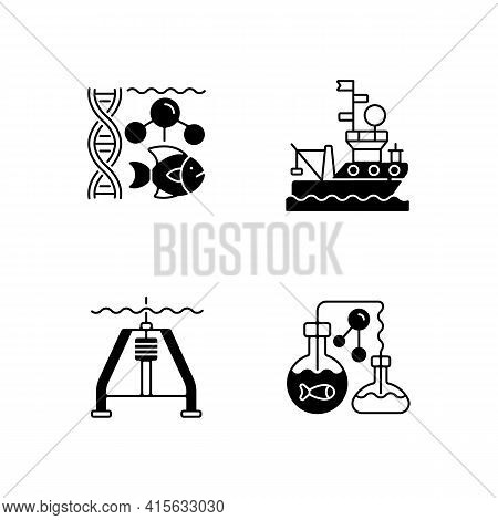 Marine Exploration Black Linear Icons Set. Marine Chemistry Tools And Equipment. Hydraulically Dampe
