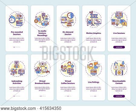 Virtual Sessions Onboarding Mobile App Page Screen With Concepts Set. Team Building Activities Walkt