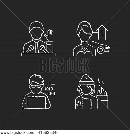 Social Status Type Chalk White Icons Set On Black Background. Political Elite. Upper And Lower Class