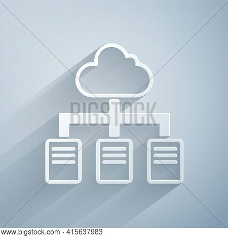 Paper Cut Online Working Icon Isolated On Grey Background. Freelancer Man Working On Laptop At His H