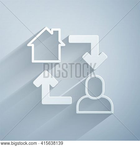 Paper Cut Online Working Icon Isolated On Grey Background. Freelancer Man Working On Laptop At His H