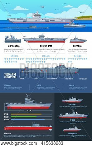 Military Fleet Infographics With Different Types Of Battle Ships And Characteristics Of Navy Boats V