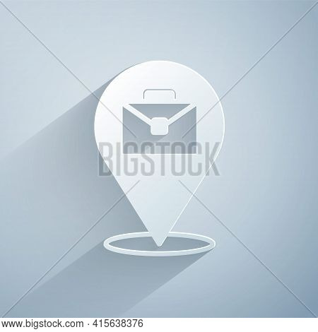 Paper Cut Online Working Icon Isolated On Grey Background. Freelancer Man Working On Laptop At His H
