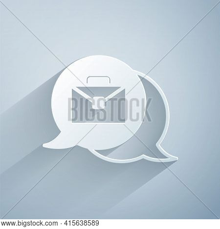 Paper Cut Online Working Icon Isolated On Grey Background. Freelancer Man Working On Laptop At His H