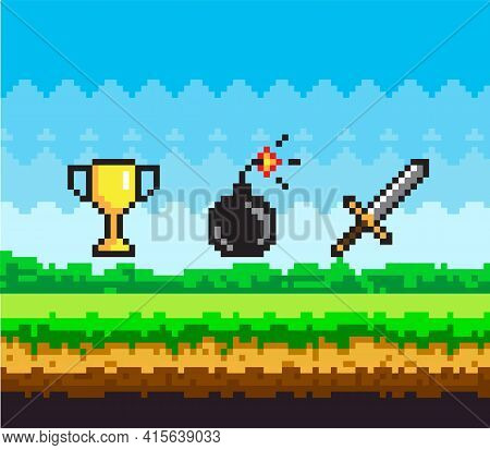 Pixel Game Scene With Green Grass And Valuable Awards Bomb With Wick, Gold Goblet And Steel Sword