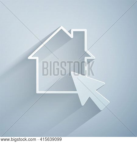 Paper Cut Online Working Icon Isolated On Grey Background. Freelancer Man Working On Laptop At His H