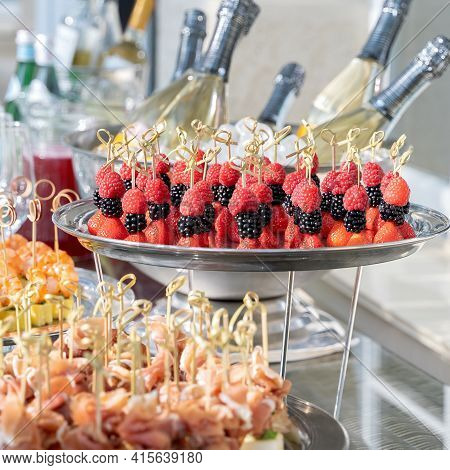 Wedding Day Recepton. Buffet Table. Catering Service. Plates With Sweet Canape With Berries, Raspber