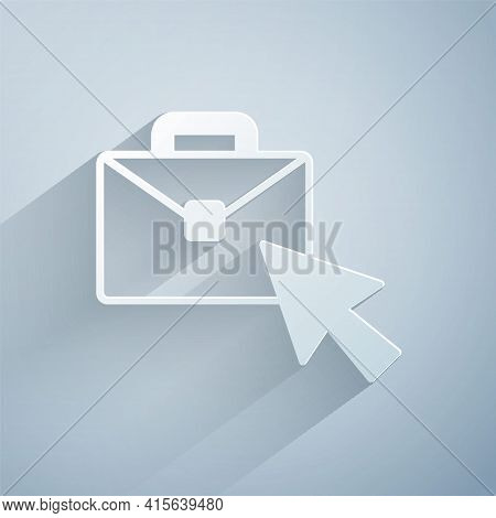 Paper Cut Online Working Icon Isolated On Grey Background. Freelancer Man Working On Laptop At His H