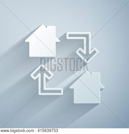 Paper Cut Online Working Icon Isolated On Grey Background. Freelancer Man Working On Laptop At His H