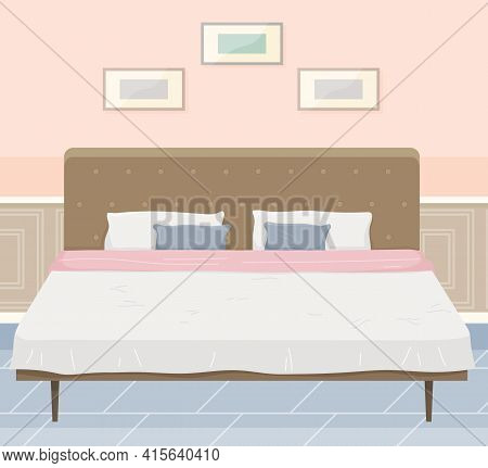 Arrangement Of Furniture In Bedroom. Double Wooden Bed, Sheet, Pillow And Blanket In Interior Design