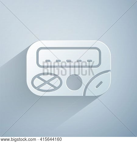 Paper Cut Pager Icon Isolated On Grey Background. Vintage 1990s Electronics Messenger. Paper Art Sty