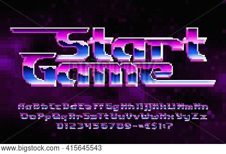 Start Game Alphabet Font. Pixel Letters, Numbers And Punctuations. Pixel Background. 80s Arcade Vide