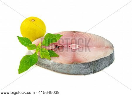 Spanish Mackerel Slice Or Spotted Mackerels With Lemon And  Leaf Basil Isolated On White Background 