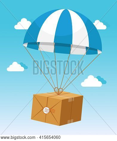 Blue And White Parachute Holding Delivery Cardboard Box On Light Blue Sky Background With Clouds
