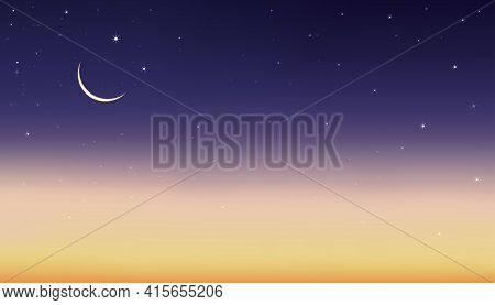 Night Sky With Crescent Moon And Stars Shining, Landscape Dramatic Dark Blue, Purple And Orangesky, 