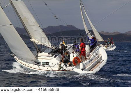 Bodrum,turkey. 08 October 2017: Sailing In The Wind Through The Waves At The Sea. Close Up Of Sailin
