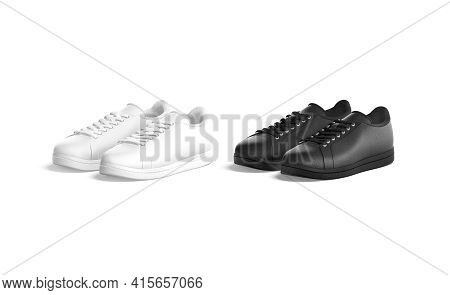 Blank Black And White Leather Sneakers With Lace Mockup, Isolated, 3d Rendering. Empty Sportswear So