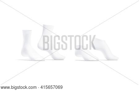 Blank White Long, Low Cut Socks Pair On Tiptoe Mockup, 3d Rendering. Empty Textile Ped Underwear Moc