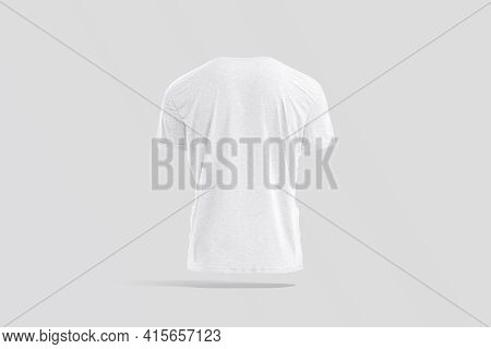Blank White Wrinkled T-shirt Mockup, Back View, Gray Background, 3d Rendering. Empty Crumpled Classi