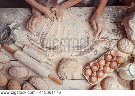 Baking Background With Heart Shape Made Of Flour And Food Ingred